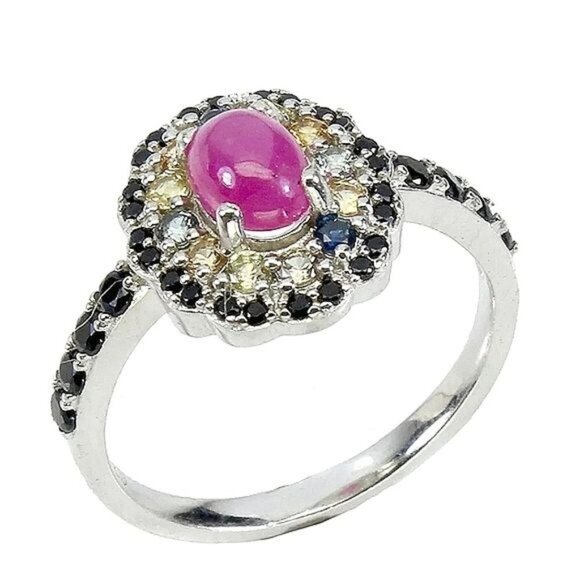 925 Sterling Silver Ring Sz 7.75 with Ruby 7x5mm, Sapphire, Spinel Gemstone - Picture 2 of 4